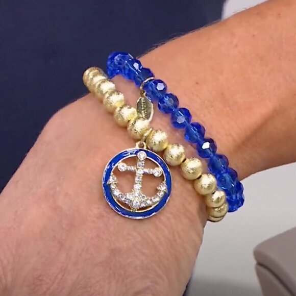 HEIDI DAUS "Anchors Away" Crystal/Enamel Bead Stretch Bracelet Set BLUE Small - Picture 2 of 6
